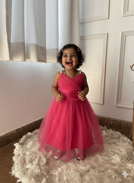 FULL LENGTH NET GOWN WITH ROSE BELT AND PEARLS STRAPS