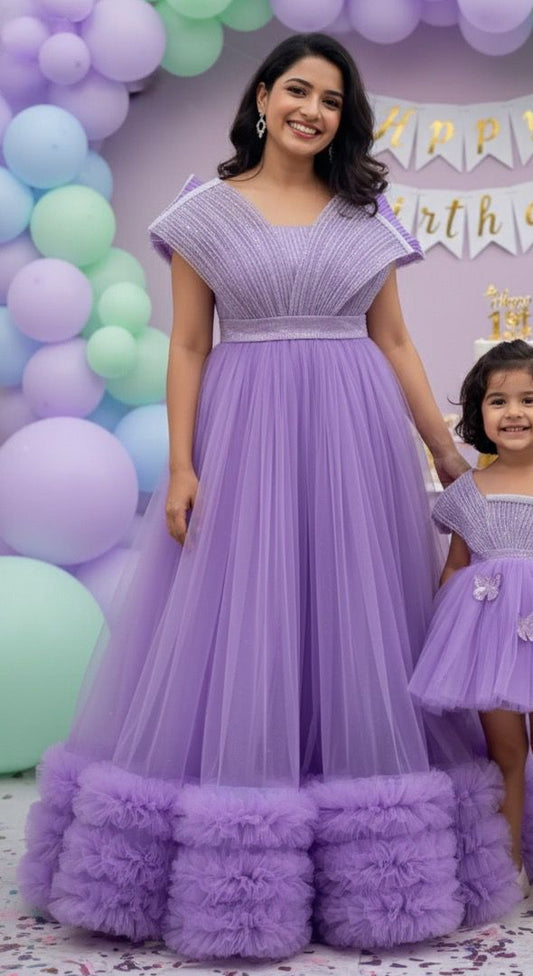 PURPLE FULL LENGTH PUFF PIECE WITH RUFFLE BORDER