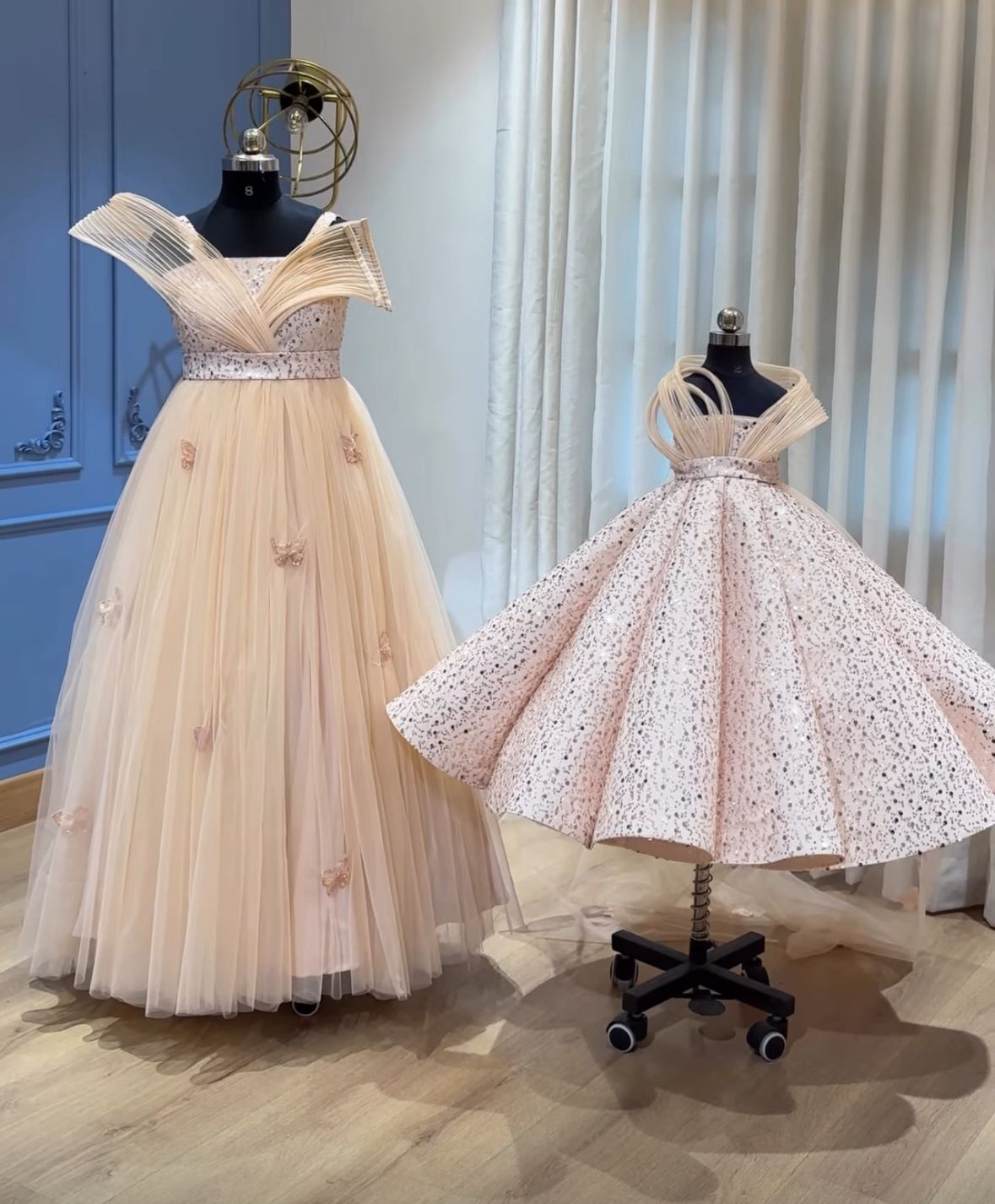 Peach Ring Puff Mom Piece with Pearl with Sequins Bodice and Daughter Scallop Pearl with Sequins Piece with net Wires