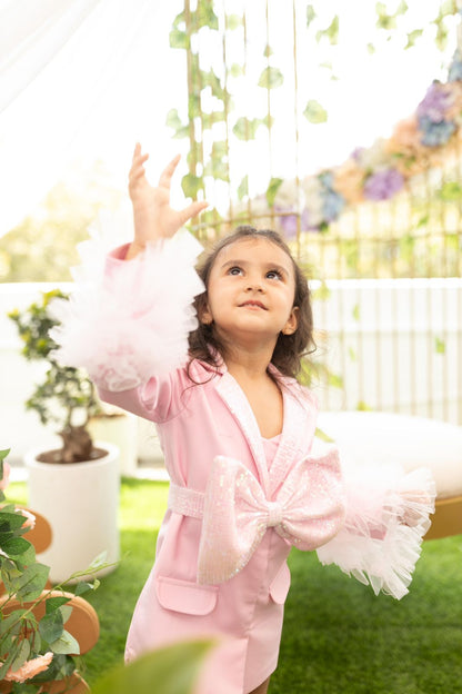 PINK BLAZER- SEQUINS LAPEL, RUFFLE SLEEVES, BACK CUTOUT AND DETACHABLE BELT & BOW