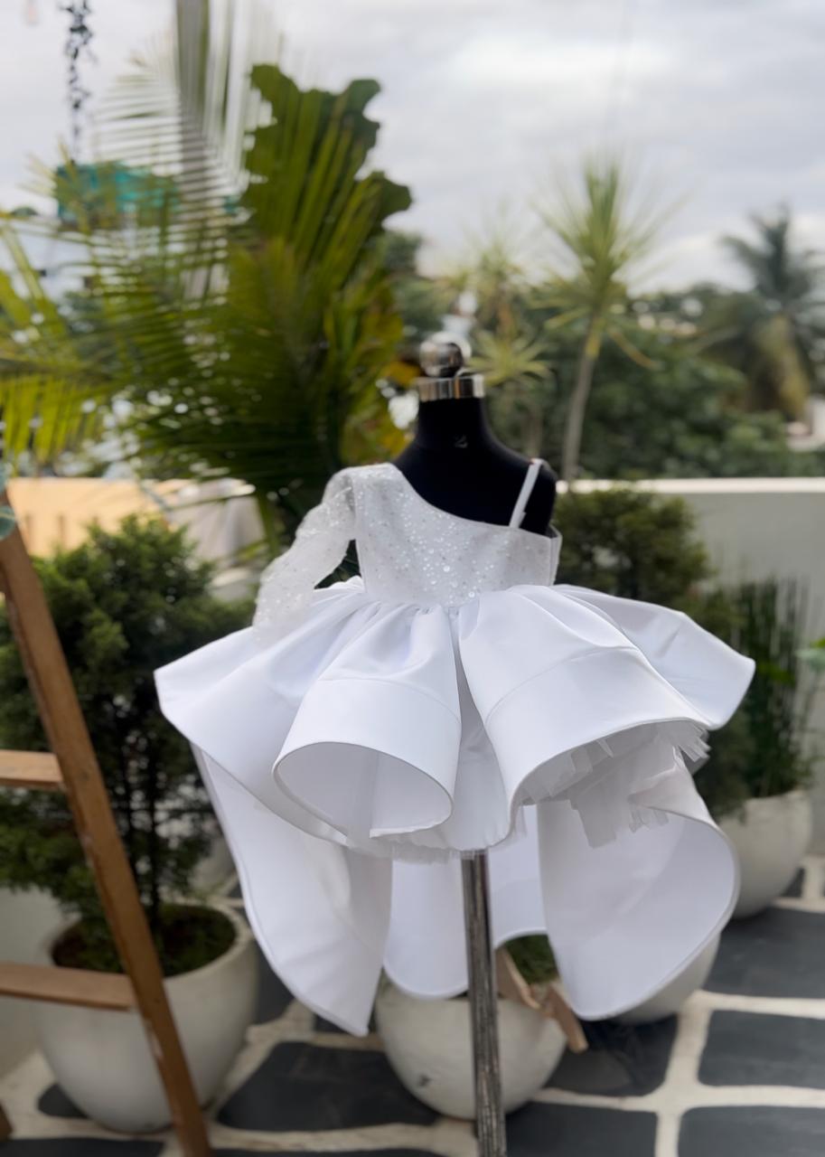 BRIDAL SATIN WHITE HIGH LOW PIECE & PEARLS WITH SEQUENCE BODY