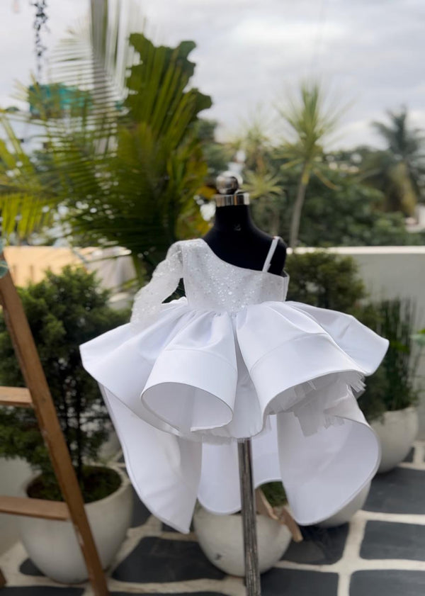 BRIDAL SATIN WHITE HIGH LOW PIECE & PEARLS WITH SEQUENCE BODY