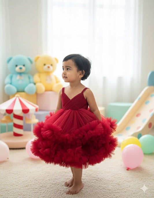 RED CRISS CROSS DRAPED BODY WITH ASSYMETRICAL RUFFLE SKIRT