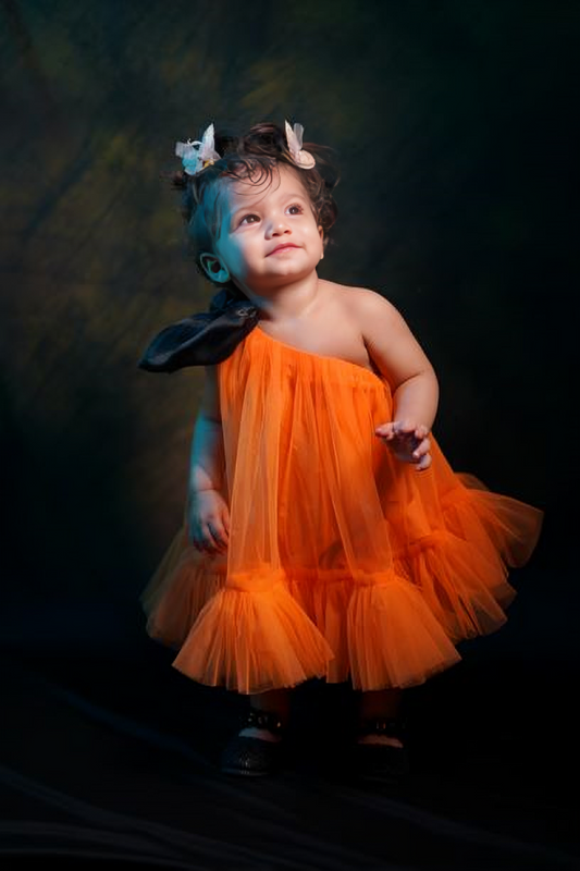 PUMPKIN (ORANGE SIMPLE NET DRESS WITH BLACK BOW ON SHOULDER )