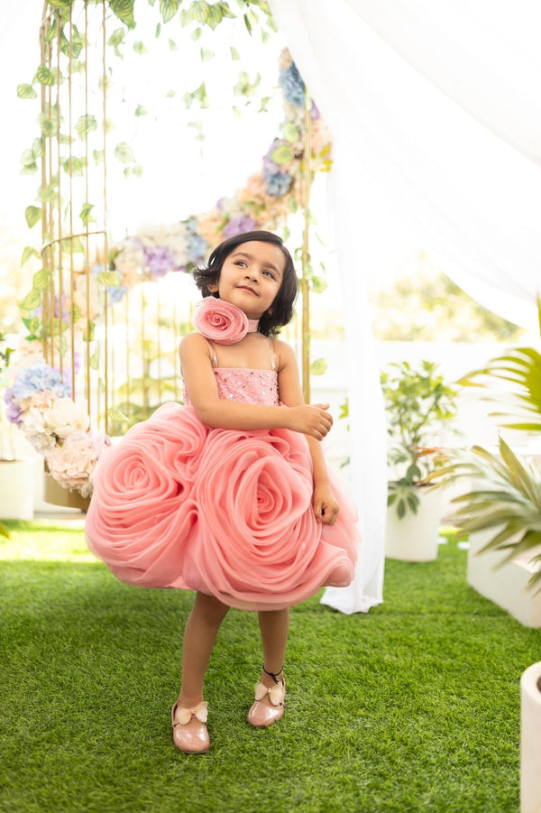 LIGHT PEACH FLORAL PIECE- SEQUINS & PEARL BODY AND ORGANZA FLORAL SKIRT